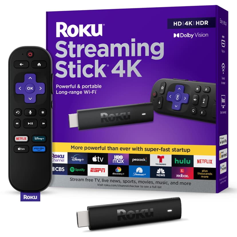 Roku Streaming Stick 4K - HDR & Dolby Vision Roku Streaming Device for TV with Voice Remote & Long-Range Wi-Fi - Free & Live TV