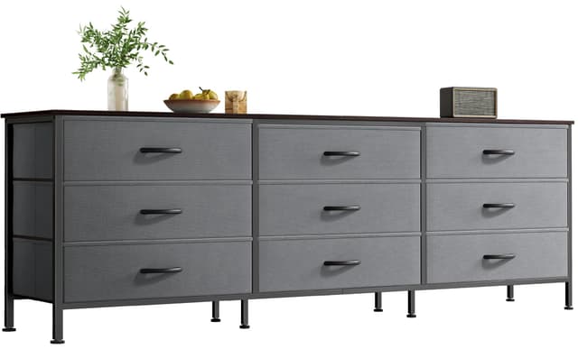 Huuger 63 Inch Dresser for Bedroom, Dresser for Closet with 9 Drawers, Large TV Stand for 55, 65, 70 Inch TV, Entertainment Center with Storage, Wide Long Chest of Drawers, Walnut and Dark Grey