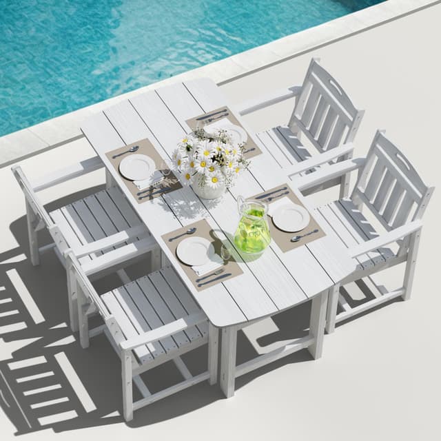 SUUNYN HDPE Outdoor Patio Dining Set with Table & 4 Chairs, All-Weather 5-Piece Outdoor Table and Chairs, 2" Umbrella Hole, Patio Furniture for Garden, Backyard, Deck | White