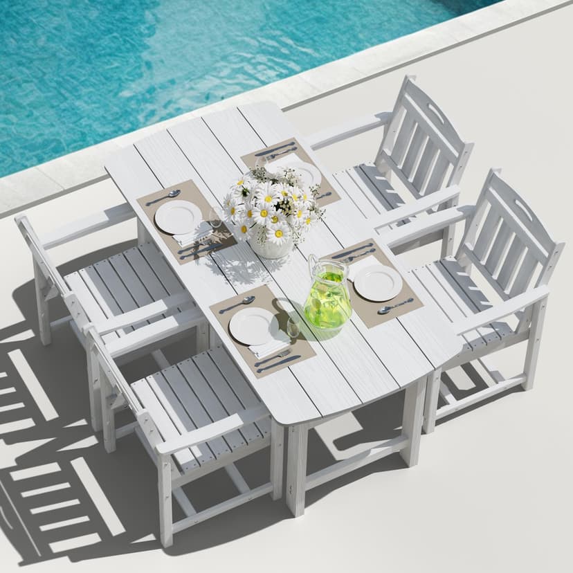 SUUNYN HDPE Outdoor Patio Dining Set with Table & 4 Chairs, All-Weather 5-Piece Outdoor Table and Chairs, 2" Umbrella Hole, Patio Furniture for Garden, Backyard, Deck | White