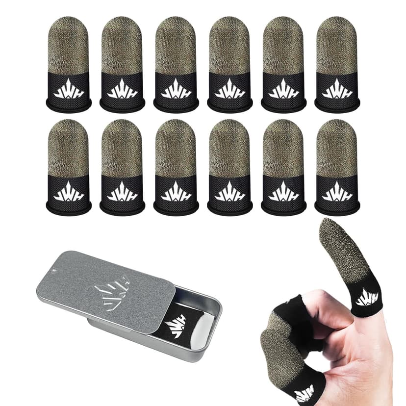 Jwh 12 Pack Mobile Phone Gaming Accessories Thumb Finger Sleeves,Storage Box,0.15 Ultra Thin Pure Silver Fiber,Silky Sensitive Tip Covers,Guantes para Dedales Dedos Gamer Profesionales Pubg Glove