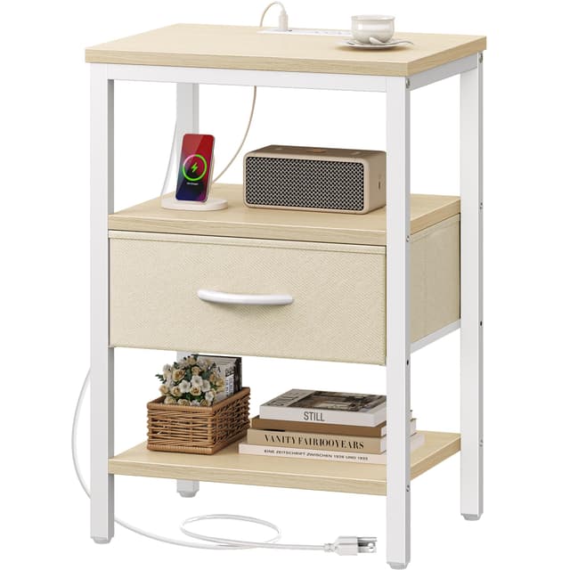 SUPERJARE Nightstand with Charging Station, Bed Side Table with Adjustable Fabric Drawer, Night Stand for Bedroom, 3-Tier Storage End Table, for Living Room, White Maple