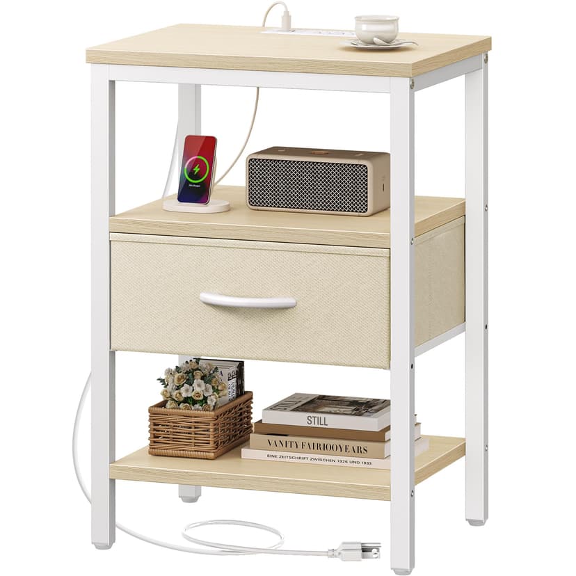 SUPERJARE Nightstand with Charging Station, Bed Side Table with Adjustable Fabric Drawer, Night Stand for Bedroom, 3-Tier Storage End Table, for Living Room, White Maple