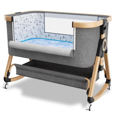 whiffee 3 in 1 Baby Bassinet,Bedside Sleeper with Storage Basket and Wheels,Portable Baby Crib with Mosquito Net, 6 Adjustable Height & Breathable Mesh,Easy to Fold (Brown&Black)