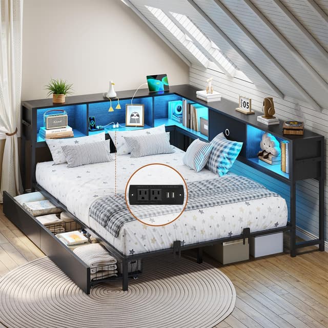 DICTAC Full Corner Bed Frame with Bookcase Storage and Led Lights Metal Platform Bed Frame Full Size with Storage Drawers & Charging Station Full Size Daybed for Teen/Adult,No Box Spring Needed,Black