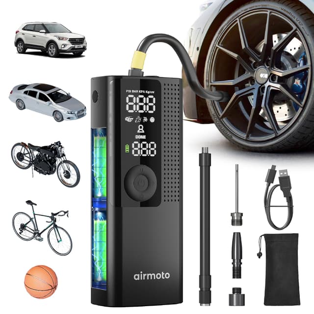 Airmoto Tire Inflator Portable Air Compressor - Air Pump for Car Tires with Digital Pressure Gauge, LED Light and Auto Shut-Off Function - Cordless Pump for Car, Motorcycle, Bicycle, Ball