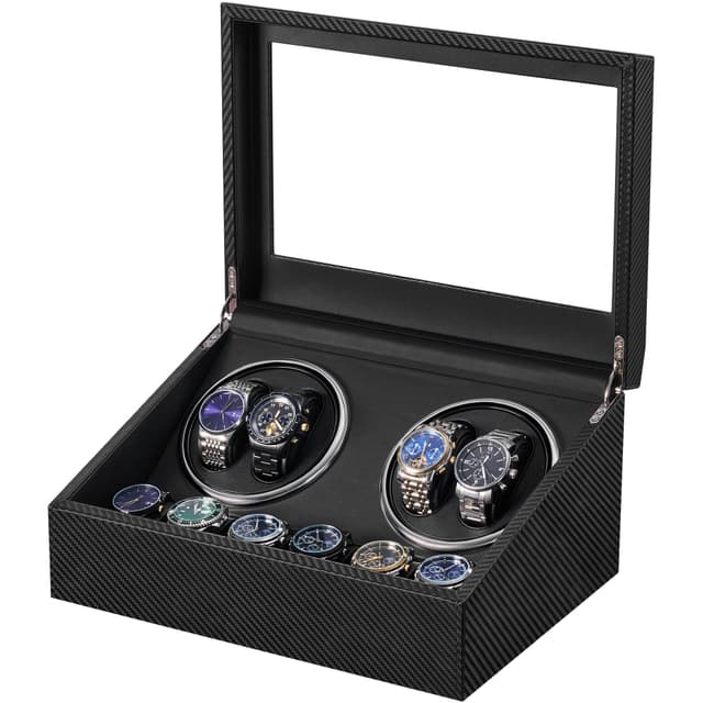 BEWISHOME Watch Winders for Automatic Watches, 4 Watch Winder and 6 Storage Case with Quiet Japanese Motor, Automatic Watch Winder Box Watch Rotator with Type-C Adapter, Carbon Fiber SYQ31C