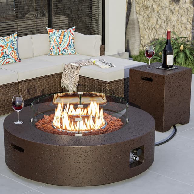 COSIEST 42 inch Outdoor Propane Fire Pit Coffee Table w Concrete Round Base Patio Heater, Certified, 50,000 BTU Stainless Steel Burner, Free Lava Rocks, Rain Cover, Wind Guard, Tank Cover