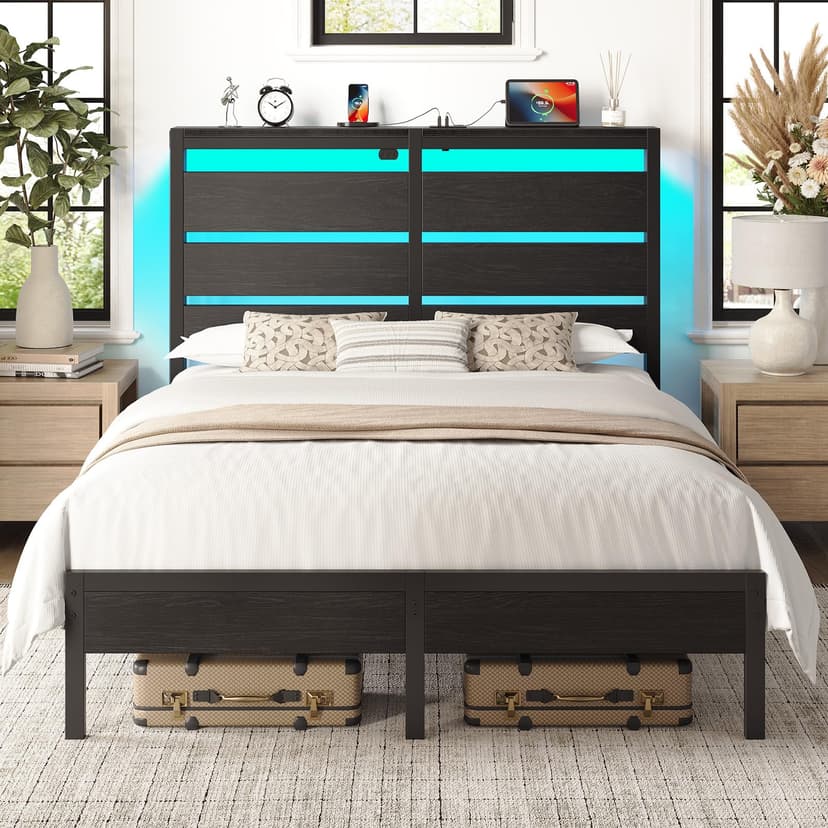 Rolanstar Queen Bed Frame with LED Lights and Charging Station, Wood Storage Headboard and Under Bed Storage, Metal Platform, Noise Free, No Box Spring Needed, Balck Oak