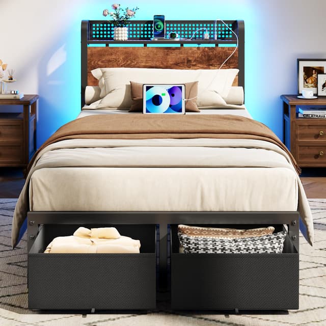 Furnulem Twin Bed Frame with 2 Storage Drawers & Charging Station, Twin Platform Bed Frame with Headboard & LED Lights, No Box Spring Needed, All in One, Easy to Install, Noise Free (800 lbs Capacity)