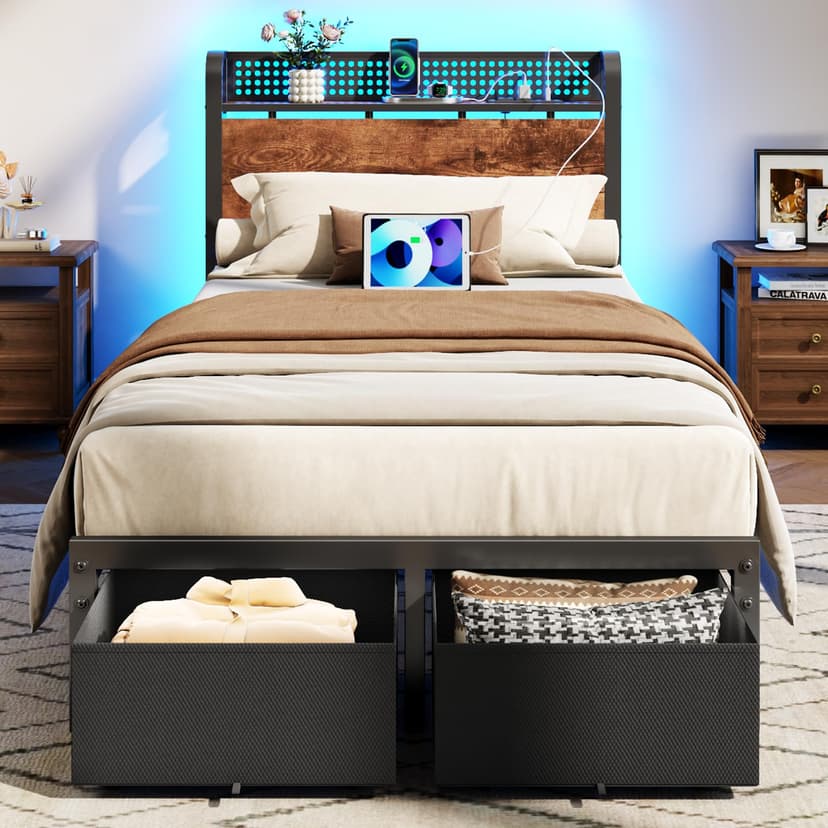Furnulem Twin Bed Frame with 2 Storage Drawers & Charging Station, Twin Platform Bed Frame with Headboard & LED Lights, No Box Spring Needed, All in One, Easy to Install, Noise Free (800 lbs Capacity)