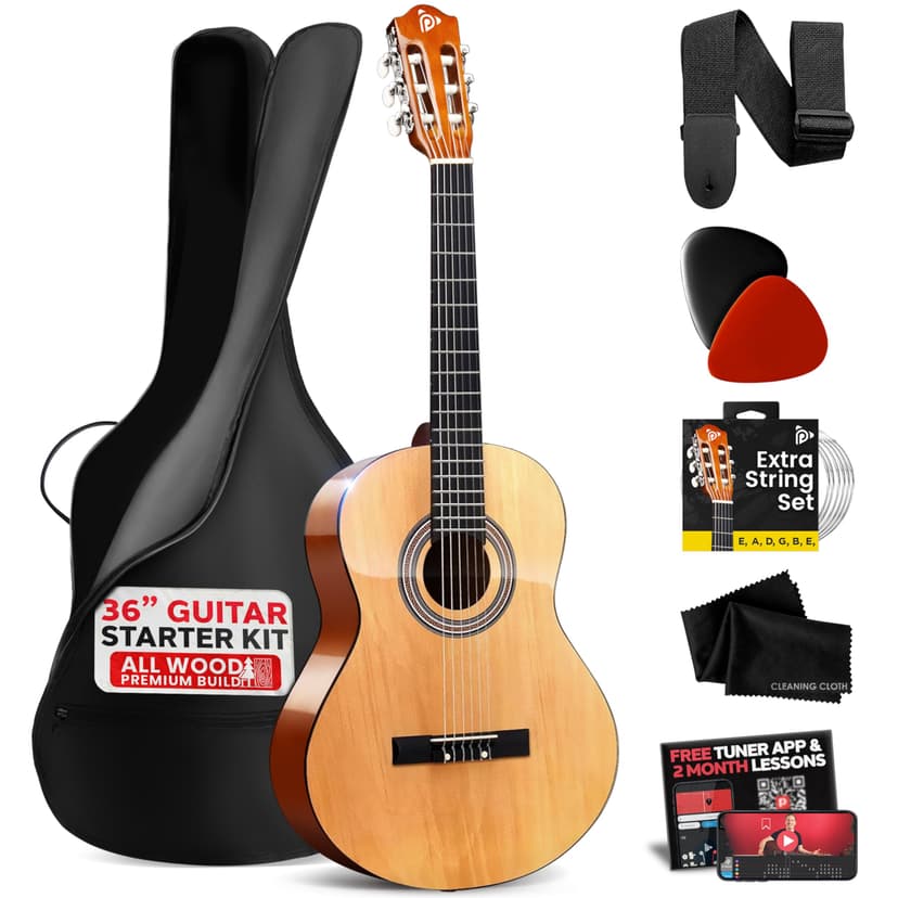 Pyle Beginner Acoustic Guitar Kit, 3/4 Junior Size All Wood Instrument with Full Accessory Kit, Picks, Shoulder Strap, Carry Case, Cleaning Cloth, Tuner App, 2 Month Lessons, 36” (Natural Gloss)