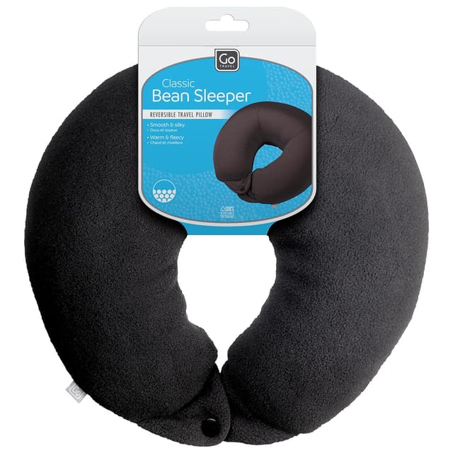 Classic Bean Sleeper, Comfortable Travel Pillow Filled with Micro Polybeans, Neck Pillow for Uninterrupted Sleep, Ideal for Airplane, Bus, Car, and Train, Travel Essentials, Black