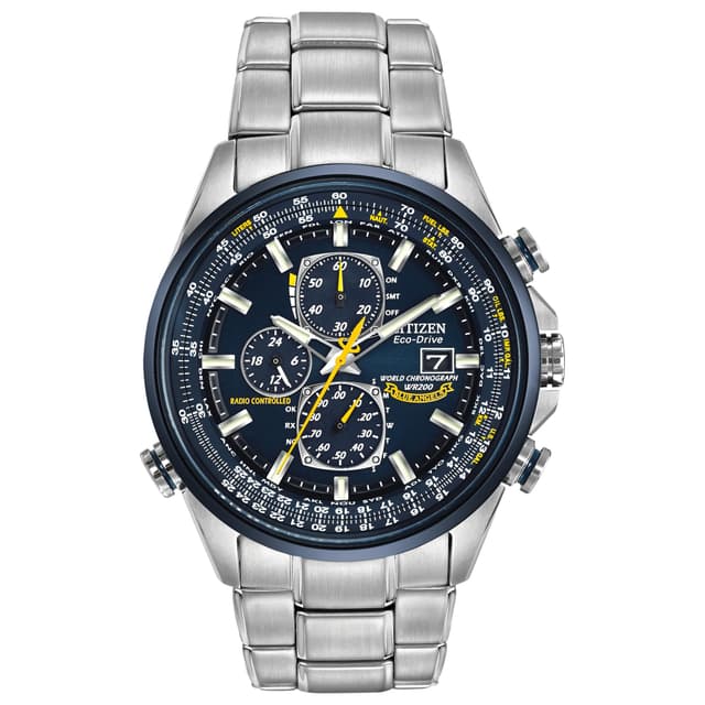 CITIZEN Men's Eco-Drive Sport Luxury World Chronograph Atomic Time Keeping Watch in Stainless Steel, Blue Dial (Model: AT8020-54L)