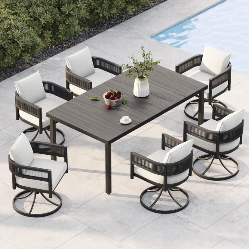 Grand patio Outdoor Dining Set for 6, 7 PCS Patio Table and Chairs Set, Metal Woven Wicker Swivel Patio Chairs with Thickened Cushions & 1 Rectangular Woodgrain Dining Table with Umbrella Hole (Black)