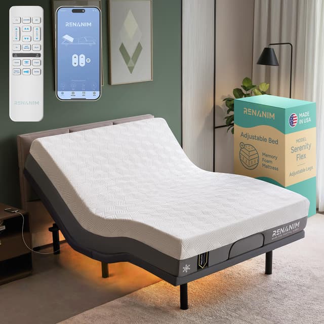 Renanim SF Adjustable Bed Frame with Mattress Included Massage - Queen Adjustable Bed + Firm Mattress - Cooling Gel Memory Foam Mattres, USB, UnderBed Light Zero Gravity Electric Base