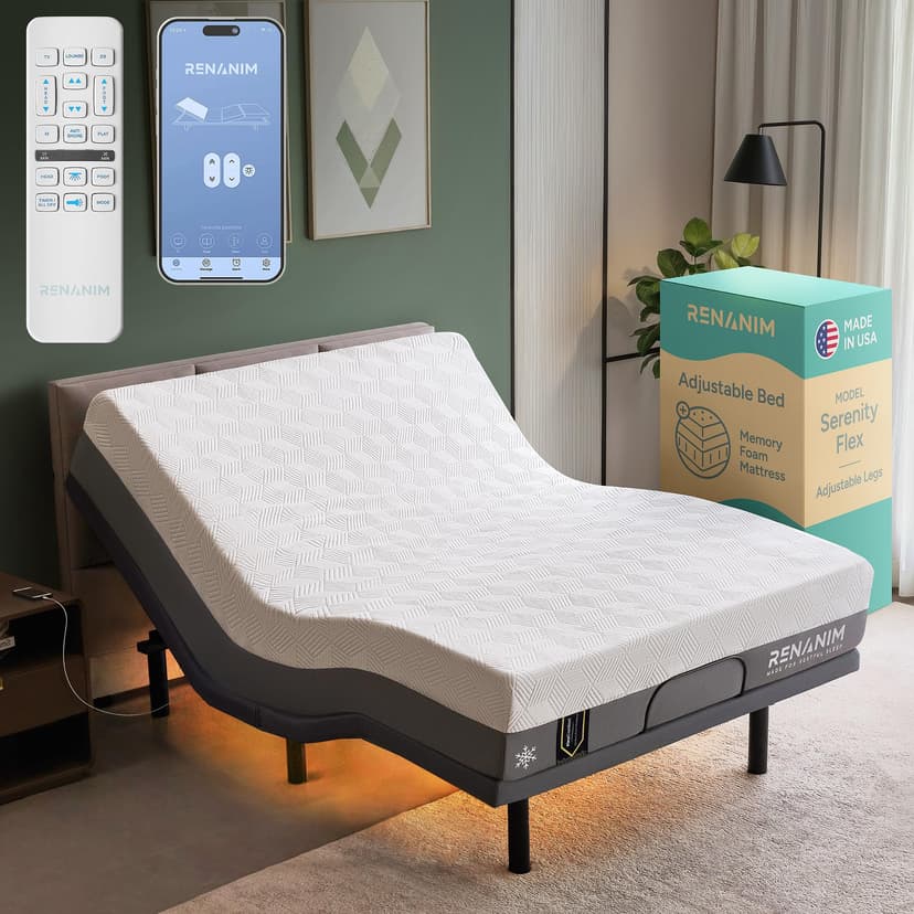 Renanim SF Adjustable Bed Frame with Mattress Included Massage - Queen Adjustable Bed + Firm Mattress - Cooling Gel Memory Foam Mattres, USB, UnderBed Light Zero Gravity Electric Base