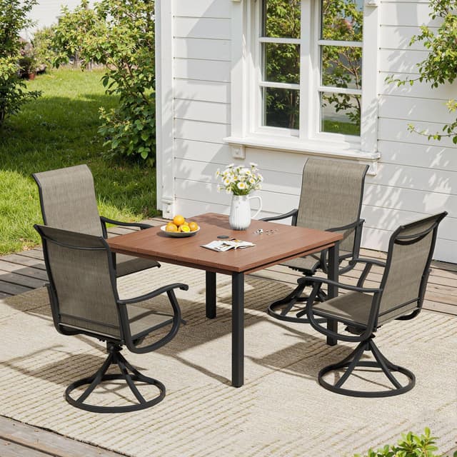 VICLLAX 5 Pieces Patio Dining Set, Patio Furniture Set of 4 Patio Swivel Dining Chairs and Square Patio Table, Mixed Brown Chairs & Walnut Tabletop