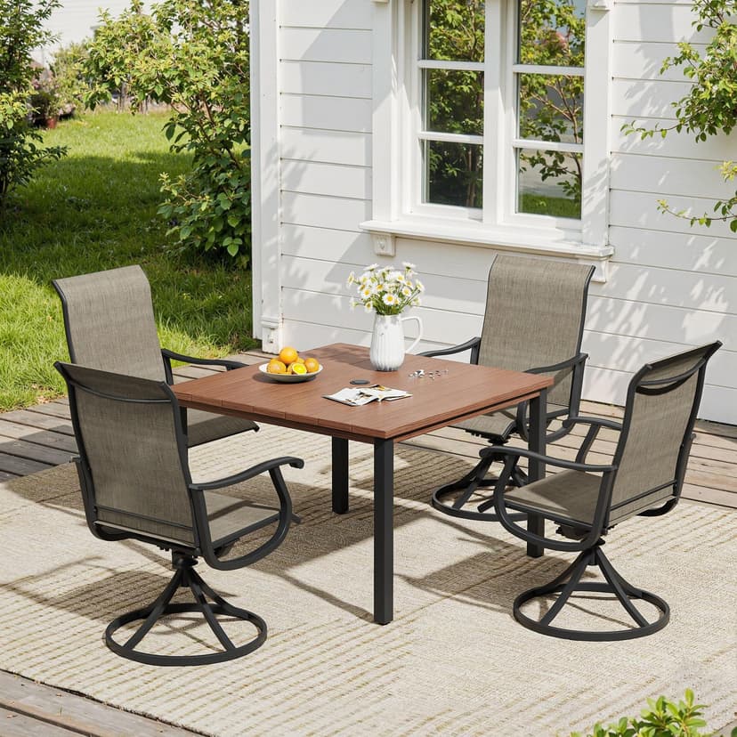 VICLLAX 5 Pieces Patio Dining Set, Patio Furniture Set of 4 Patio Swivel Dining Chairs and Square Patio Table, Mixed Brown Chairs & Walnut Tabletop