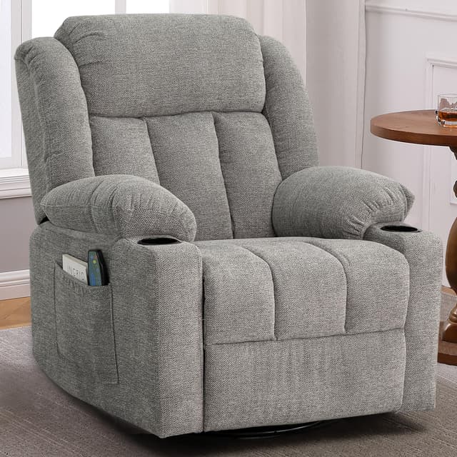 Ketaiyou Rocker Swivel Recliner Chair for Adults, Overstuffed Large Manual Recliner Glider with Massage and Heat, Comfy Soft Fabric Living Room Reclining Sofa Chair (Lime Gray)