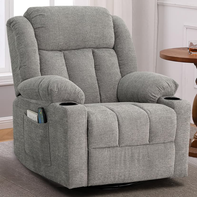 Ketaiyou Rocker Swivel Recliner Chair for Adults, Overstuffed Large Manual Recliner Glider with Massage and Heat, Comfy Soft Fabric Living Room Reclining Sofa Chair (Lime Gray)