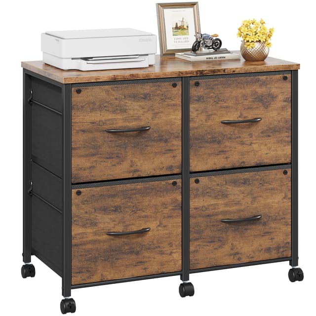 HIGDBFE 4 Drawer Lateral File Cabinet, Mobile Filing Cabinet for Large Printer, Home Office Functional Small Office Storage Cabinet & Printer Stand, Fits Letter/A4, Rustic Brown