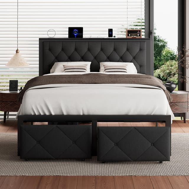 iPormis Full Bed Frame with 2 Storage Drawers, Linen Upholstered Headboard Platform Bed with Charging Station, No Box Spring Needed, Metal Slats Support, Noise-Free, Easy Assembly, Black