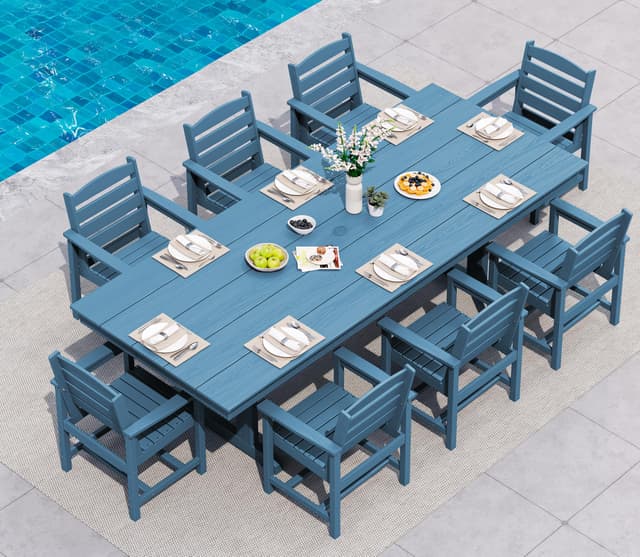 SERWALL 9 Piece Outdoor Dining Set, 84" HDPE Outdoor Table and Chairs for 8，All Weather Patio Furniture Set with Umbrella Hole for Backyard, Garden, Blue