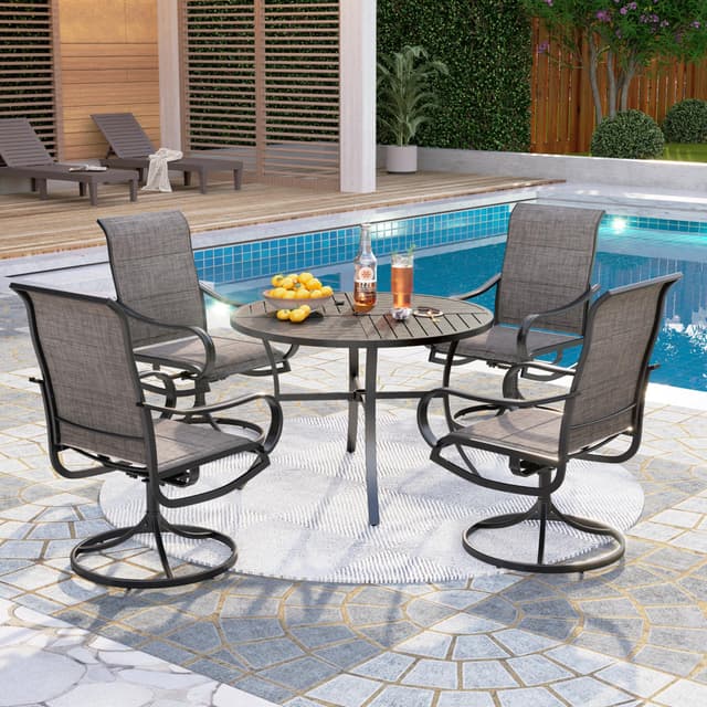 PHI VILLA Outdoor Patio Dining Set 5 Piece with 4 Padded Swivel Dining Chairs & 1 Large Round Dining Table, Textilene Mesh Fabric Chair and 42" Metal Table for All Weather