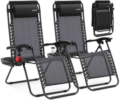 SereneLife Zero Gravity Outdoor Lounge Chairs 2 Pack – Folding Recliners with Side Table, Cup Holder & Padded Headrest – Adjustable Patio Chairs for Lawn, Garden, Deck, Camping (Black)