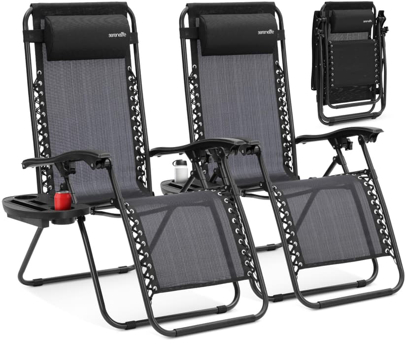 SereneLife Zero Gravity Outdoor Lounge Chairs 2 Pack – Folding Recliners with Side Table, Cup Holder & Padded Headrest – Adjustable Patio Chairs for Lawn, Garden, Deck, Camping (Black)