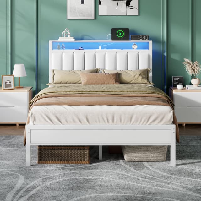 Furnulem White Full Size Bed Frame with Charging Station & Led Lights, Pu Leather Upholstered Headboard W/ 2-Tier Storage Shelves, No Box Spring Needed, Metal Slat Support, Solid and Stable