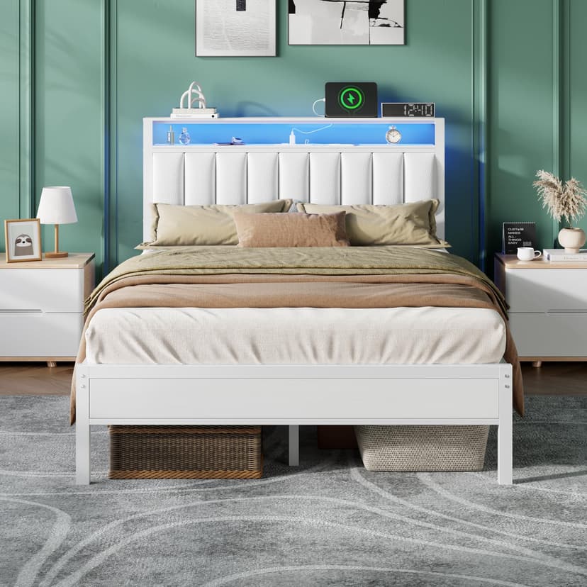 Furnulem White Full Size Bed Frame with Charging Station & Led Lights, Pu Leather Upholstered Headboard W/ 2-Tier Storage Shelves, No Box Spring Needed, Metal Slat Support, Solid and Stable
