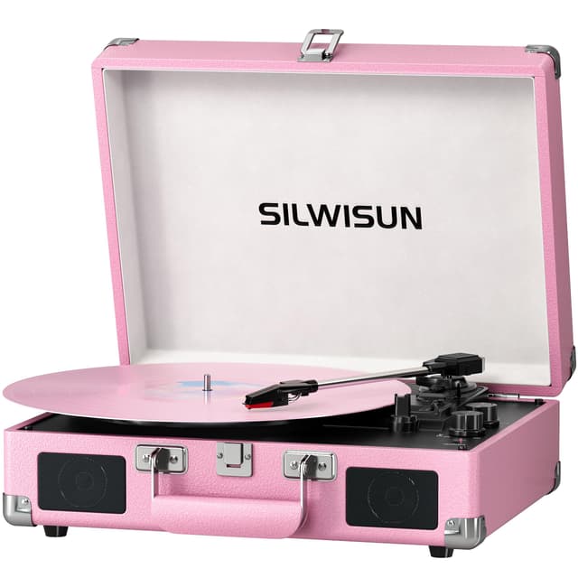 Vinyl Record Player with Speakers Vintage Bluetooth Turntable, Battery Powered Portable Pink Vinyl Player, Retro Suitcase Phonograph, 3-Speed Lp Player RCA Out AUX in Headphone Jack (Pink Black)