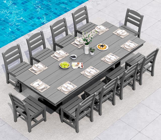 SERWALL 11 Piece Outdoor Dining Set, 84" HDPE Outdoor Table and Chairs for 10，All Weather Patio Furniture Set with Umbrella Hole for Backyard, Garden, Gray