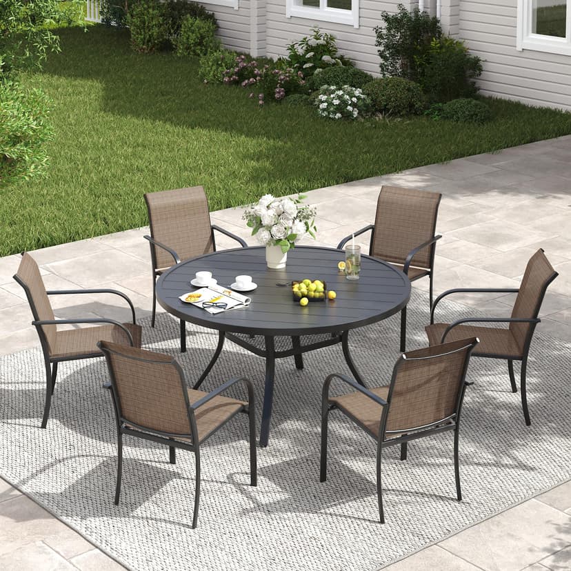 VICLLAX Patio Dining Set for 6, All Weather Metal Outdoor Furniture Set Includes 47" Round Patio Table and 6 Patio Stacking Chairs, Black Tabletop and Brown Fabric