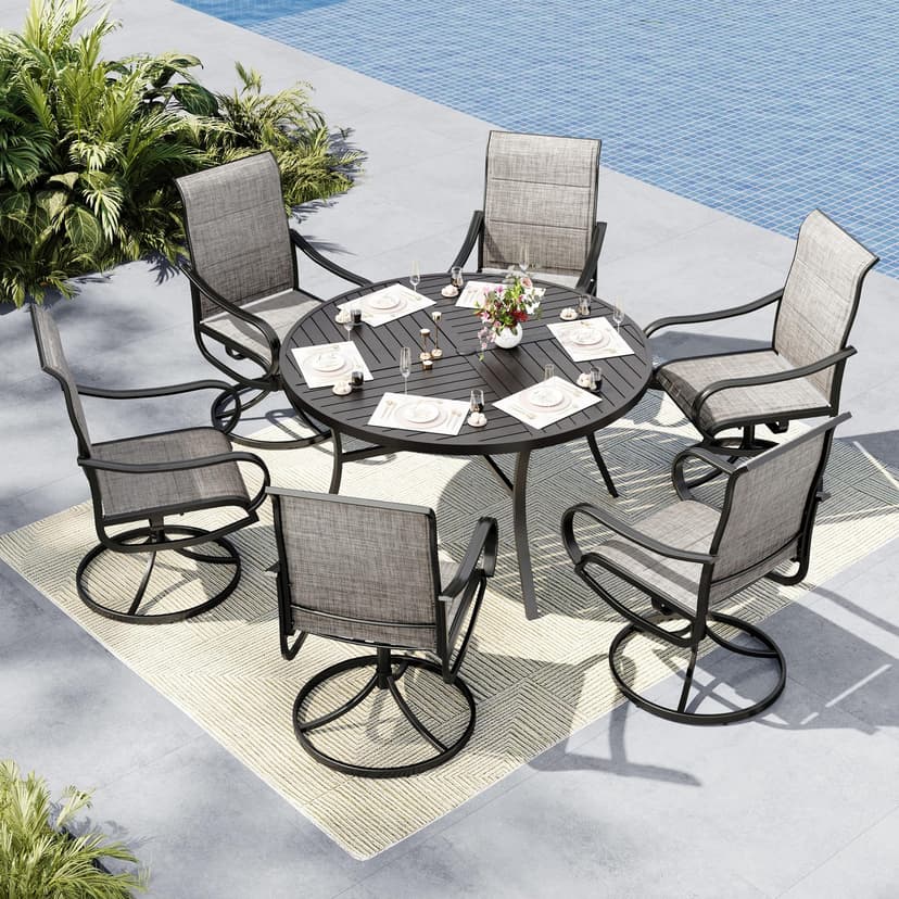 MFSTUDIO Outdoor Dining Set for 6, Round Patio Table and Chairs Set with Umbrella Hole, 7 Piece Outdoor Patio Furniture Set for Deck, Backyard, Poolside & Garden