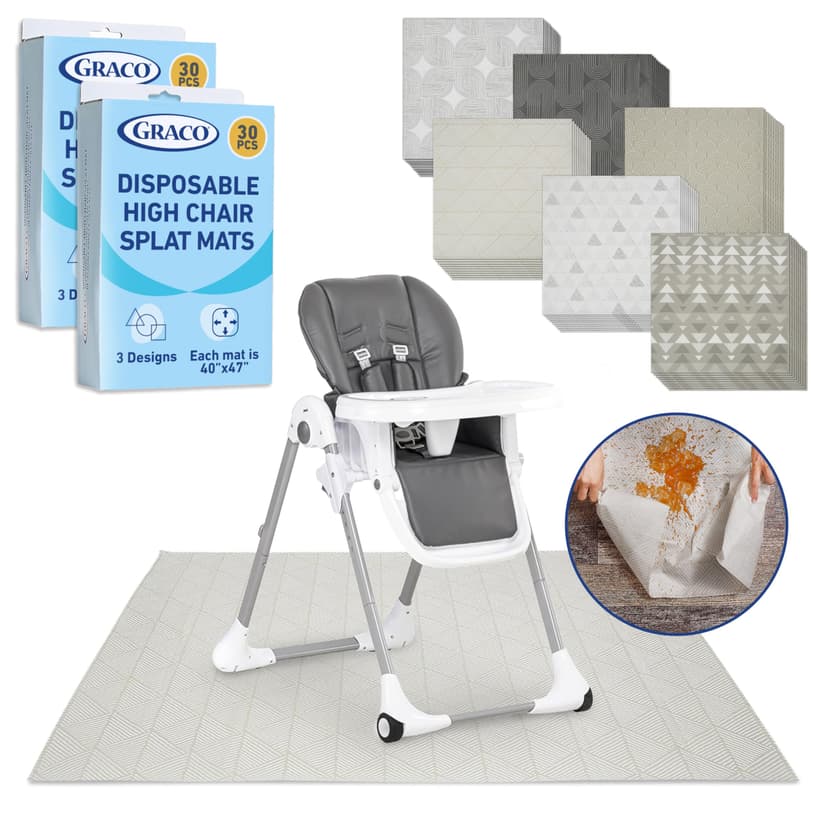 Graco Baby Disposable Splat Mats – 60 Count (6 Designs, 10 of Each), 47" x 40", Biodegradable Floor Protector for Mealtime, Under High Chair, Home & Restaurant Use