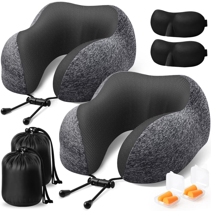 ExploreBliss Travel Pillow, 2 Pack Travel Pillows for Sleeping Airplane, Removable Cover Neck Pillow with Adjustable Clasp, Memory Foam Neck Pillow Set (Dark Grey*2)
