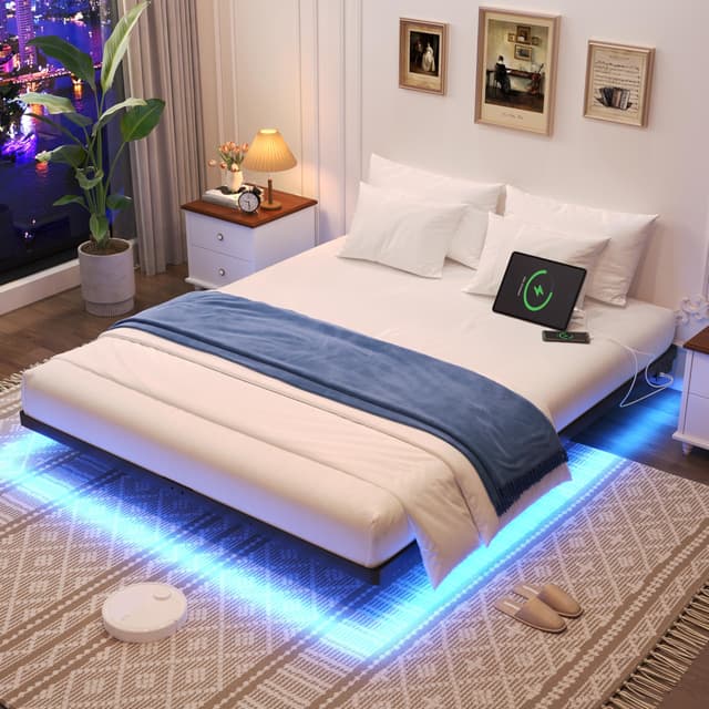 Awesofurni Floating Bed Frame Queen Size with LED Lights and Charging Station, Heavy Duty Modern Metal Platform Bed No Box Spring Needed - Easy Assembly and Noise Free