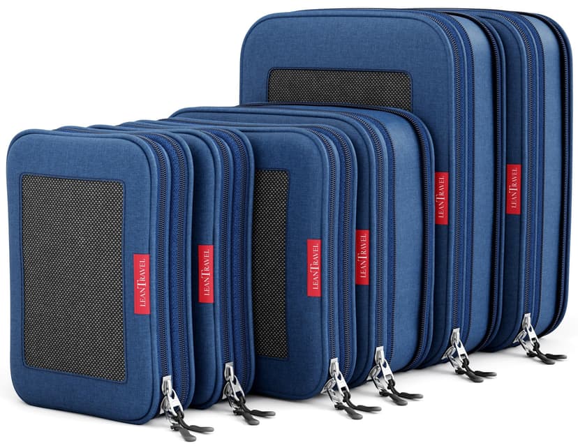 LeanTravel Premium Compression Packing Cubes for Travel - Luggage Organizers with Double Zipper - Sturdy Bags for Suitcase (6-Pack, Navy Blue)