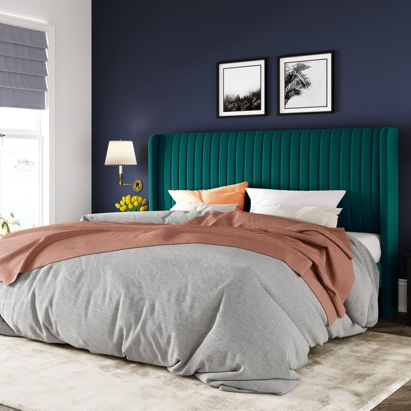 Allewie King Size Bed Frame/Velvet Upholstered Platform Bed/Vertical Channel Tufted Wingback Headboard/Strong Wooden Slats/No Box Spring Needed/Easy Assembly/Teal