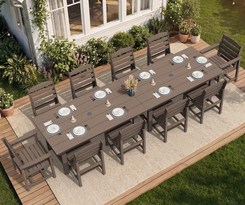SERWALL Patio Dining Sets for 10 Person, HDPE Dining Set with 2 Tables, 8 Armless Chairs and 2 Armed Dining Chairs, Coffee