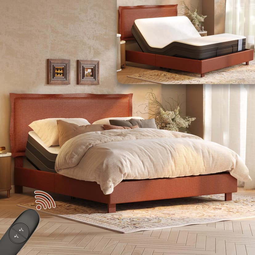 FLEXISPOT All-in-One Adjustable Bed Frame with Upholstered Flange Edge Headboard & Bamboo Mattress–Queen,Synchronized Head & Foot Lift for Relaxation–5Y Motor & 10Y Frame & Mattress Warranty,Orange