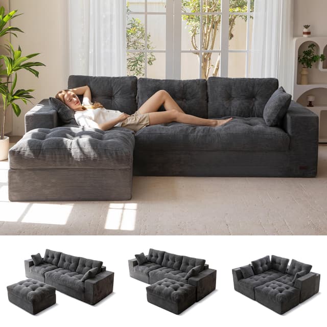 MAXYOYO 104" L Shaped Modular Sectional Sofa with Ottoman, Cloud Boneless Couch with Layered Cushion, Upholstered Sofa in a Box, Flexible Module Combination for Living Room, No Assembly, Dark Grey