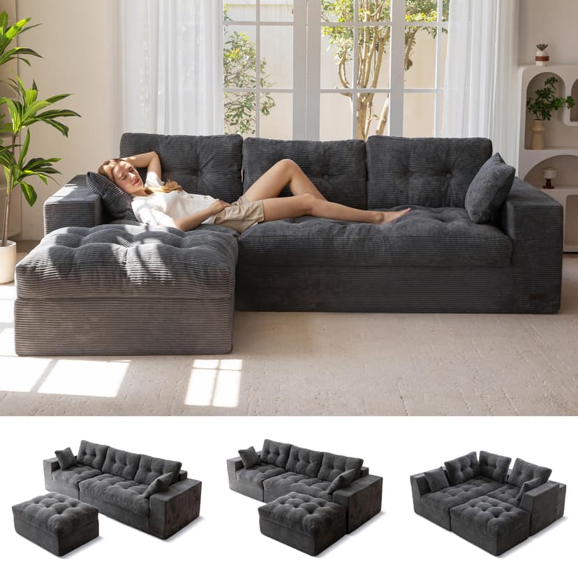 MAXYOYO 104" L Shaped Modular Sectional Sofa with Ottoman, Cloud Boneless Couch with Layered Cushion, Upholstered Sofa in a Box, Flexible Module Combination for Living Room, No Assembly, Dark Grey