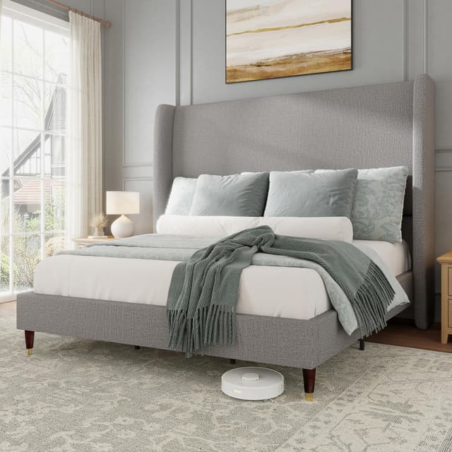 Jocisland King Size Bed Frame 51.2" Wingback Headboard Linen Upholstered Platform Bed with Solid Wood Legs & Wooden Slats, No Box Spring Needed, Modern Minimalist Style, Easy Assembly, Light Gray