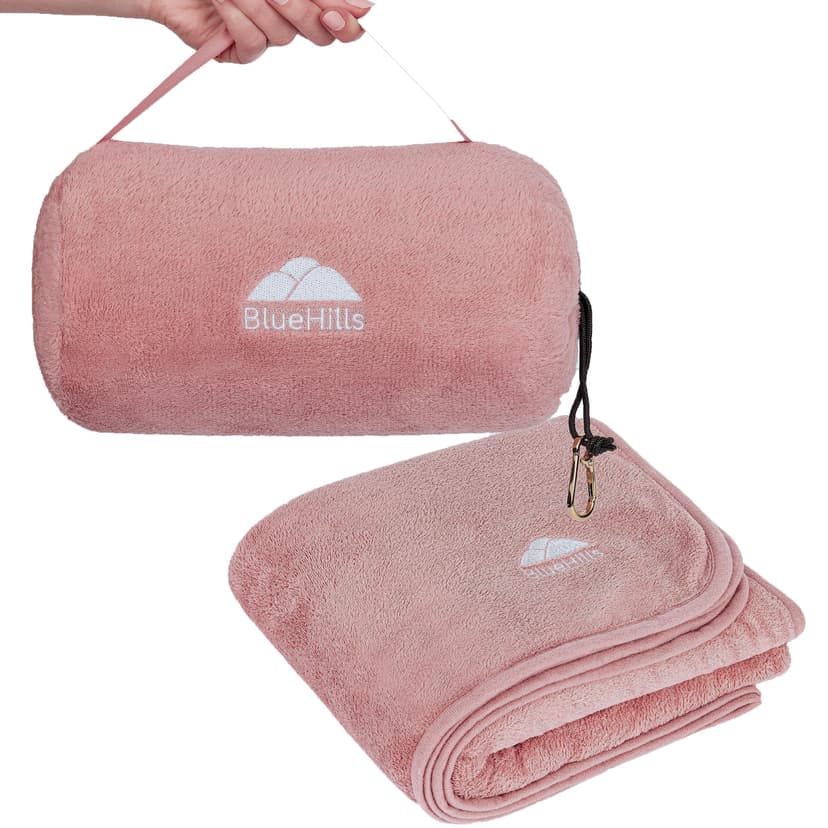 BlueHills Travel Blanket Pillow Rolled Premium Soft Plush Airplane Throw Traveling Gifts Compact in a Bag 70 X 48 inches Long Plane Flight Portable Lightweight Pink R02