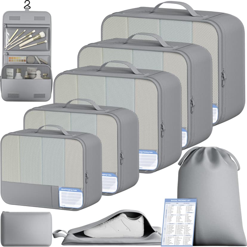 BAGAIL 9 Set Packing Cubes with Packing List Luggage Packing Organizers for Travel Accessories (Pewter Color)