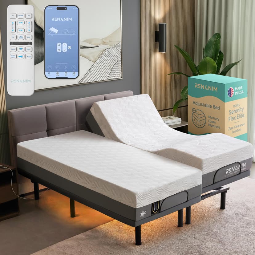 Renanim SFE Adjustable Bed with Mattress & Massage, Split King Adjustable Bed Frame + Firm Mattress - Cooling Gel Memory Foam Mattres, USB, UnderBed Light, Wireless Remote